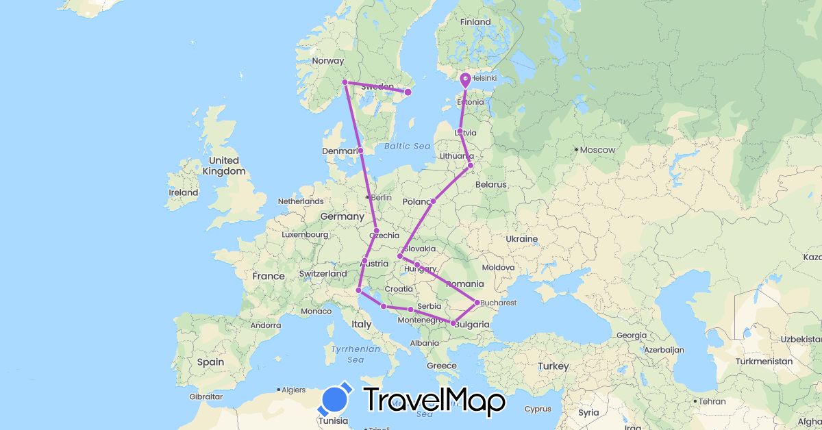 TravelMap itinerary: driving, train in Austria, Bosnia and Herzegovina, Bulgaria, Czech Republic, Denmark, Estonia, Croatia, Hungary, Italy, Lithuania, Latvia, Norway, Poland, Romania, Sweden, Slovakia (Europe)